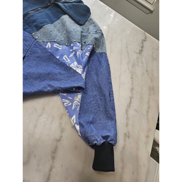 Retro Denim Bomber Jacket With Floral Accents, Size XL VINTAGE - Picture 5 of 14